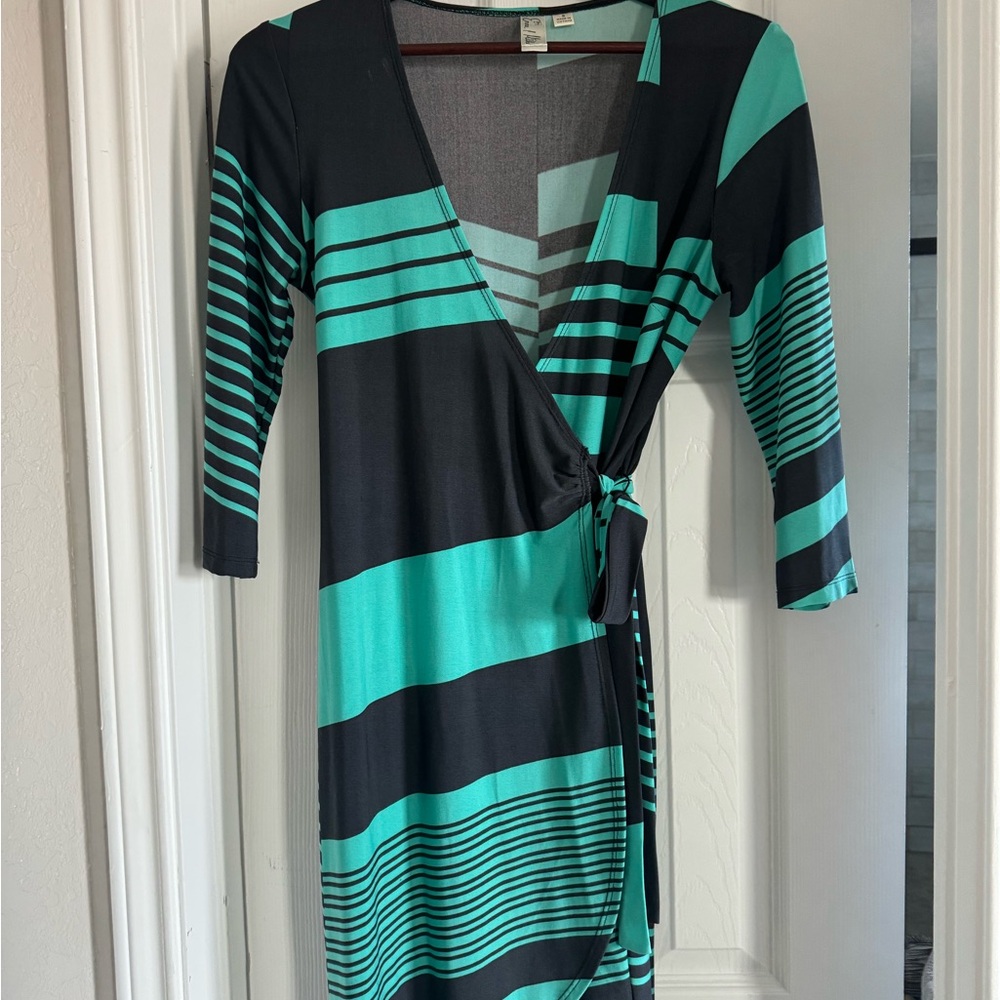 Evan Picone Black and Teal Striped Dress